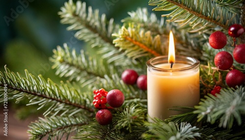 close up of a candle in a spruce tree with berries