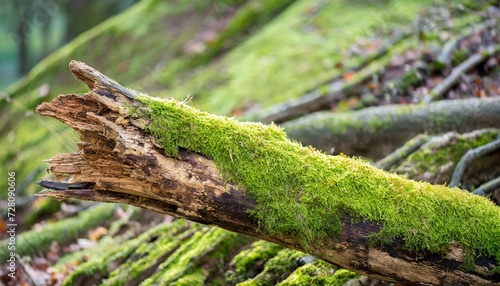 side view of rotten branch covered in green moss