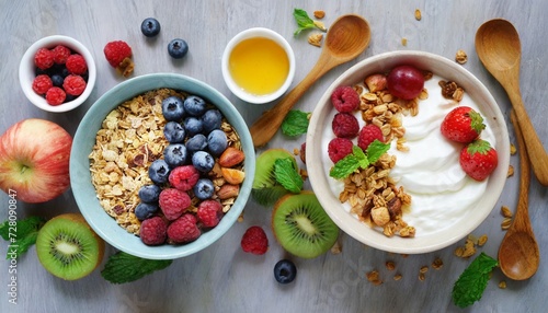 two healthy breakfast bowl with ingredients granola fruits greek yogurt and berries top view weight loss healthy lifestyle and eating concept photo