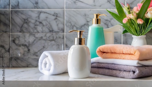 ceramic shampoo soap bottle and towels on counter over bathroom background table top and copy space