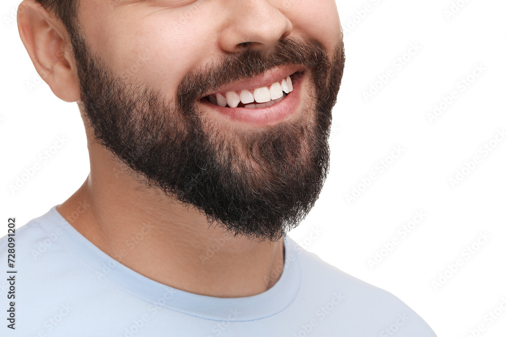 Obraz premium Man with clean teeth smiling on white background, closeup