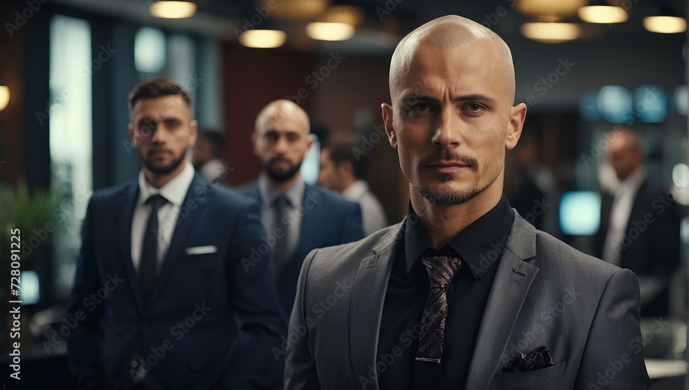 The figure of a manager in a company with a shaved head in a wonderful and attractive decor in formal clothes at a meeting table The figure of a manager in a company with a shaved head in a wonderful and attractive decor in formal clothes at a meeting table