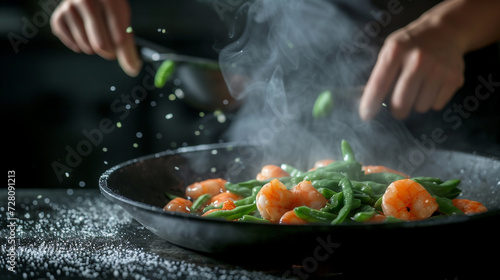 A professional cook preparing succulent shrimp with spring beans in an eastern kitchen, capturing the essence of healthy seafood cuisine.