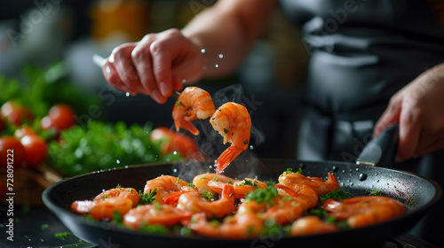 A professional chef preparing succulent shrimp and vibrant green bean dishes in an eastern-style kitchen, creating a tantalizing feast for the senses.