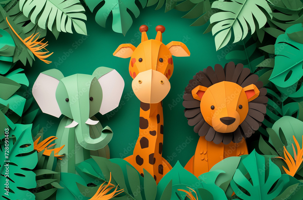 Vibrant paper art of jungle wildlife, perfect for creative projects and themed decor Vibrant paper art of jungle wildlife, perfect for creative projects and themed decor