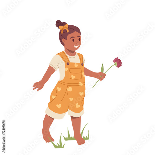 Little girl toddler child cartoon character standing with flower bloom in hand isolated on white