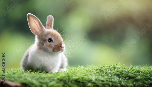 cute little rabbit on green grass with natural bokeh as background during spring young adorable bunny playing in garden lovrely pet at park