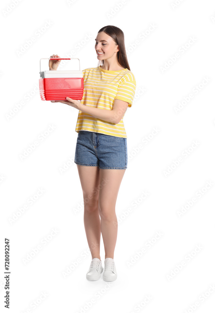 Happy young woman with plastic cool box isolated on white Happy young woman with plastic cool box isolated on white