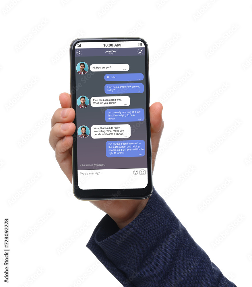 Woman texting with friend using messaging application on smartphone against white background, closeup Woman texting with friend using messaging application on smartphone against white background, closeup