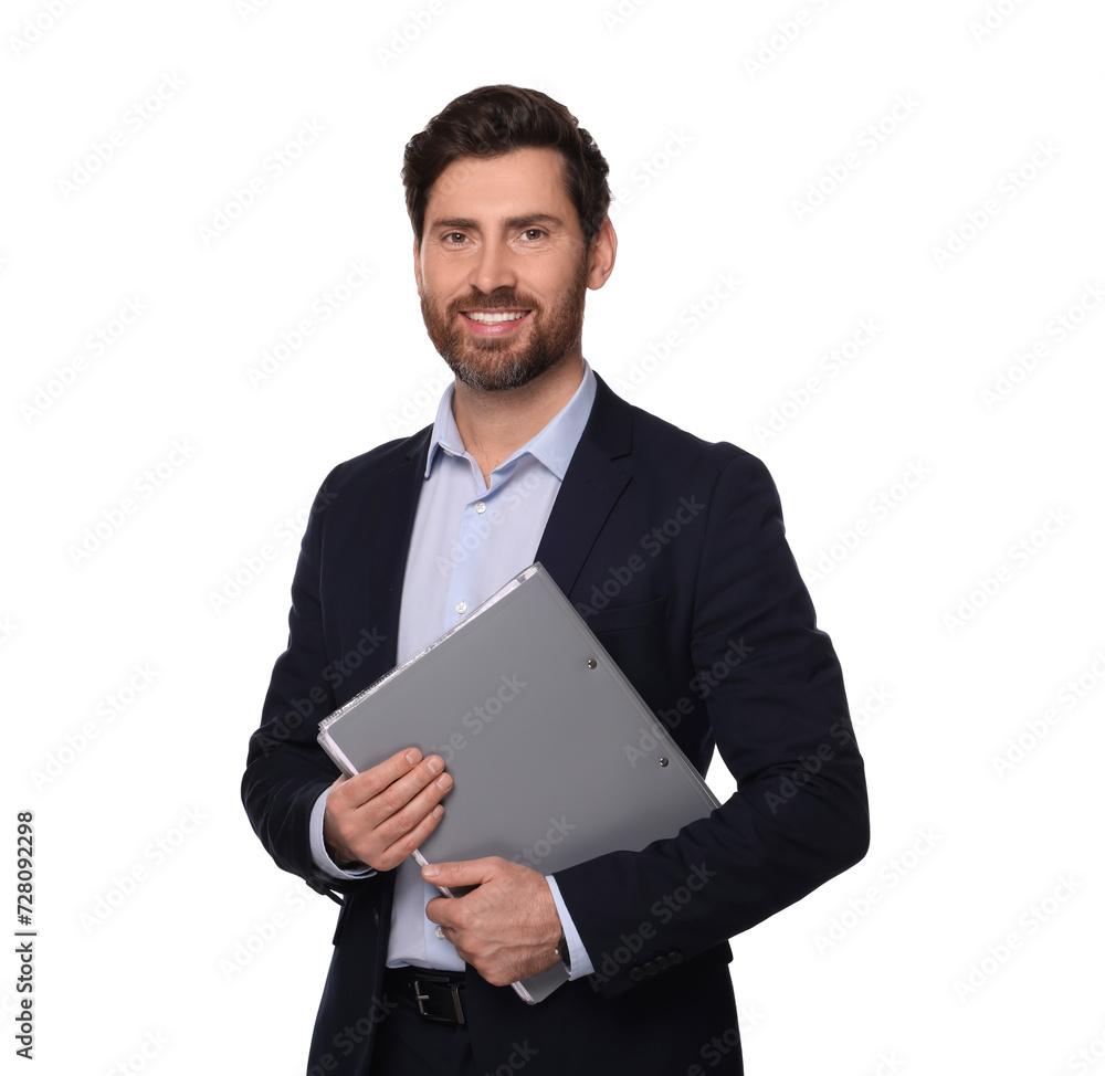 Smiling man with folder on white background. Lawyer, businessman, accountant or manager Smiling man with folder on white background. Lawyer, businessman, accountant or manager