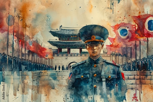 History of South Korean soldier. Historical photograph of South Korea soldier in watercolor colors Illustration. Horizontal format photo
