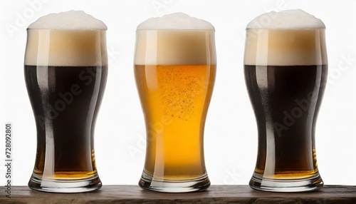 three foamy pints stout ale pilsner lager beer on white background for use alone or as a design element