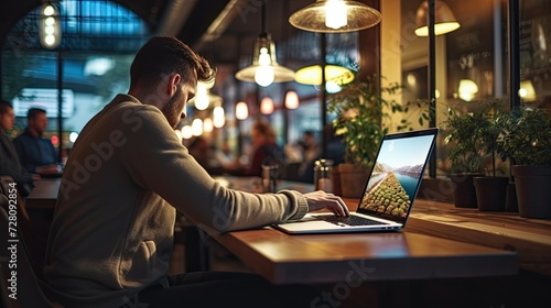 Man Sitting at Table Using Laptop Computer
