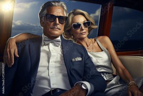 
A man and a woman sitting in the front of a yacht, in the style of stylish, wealthy portrait photography, close-up