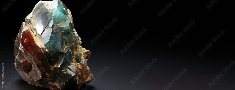 Danalite is a rare precious natural stone on a black background. AI generated. Header banner mockup with space.