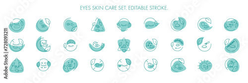 Eye skin care area icon pack set for patch, cream, mask cosmetic and beauty product, ophthalmology clinic, web, packaging. Vector stock illustration isolated on white background. Editable stroke.