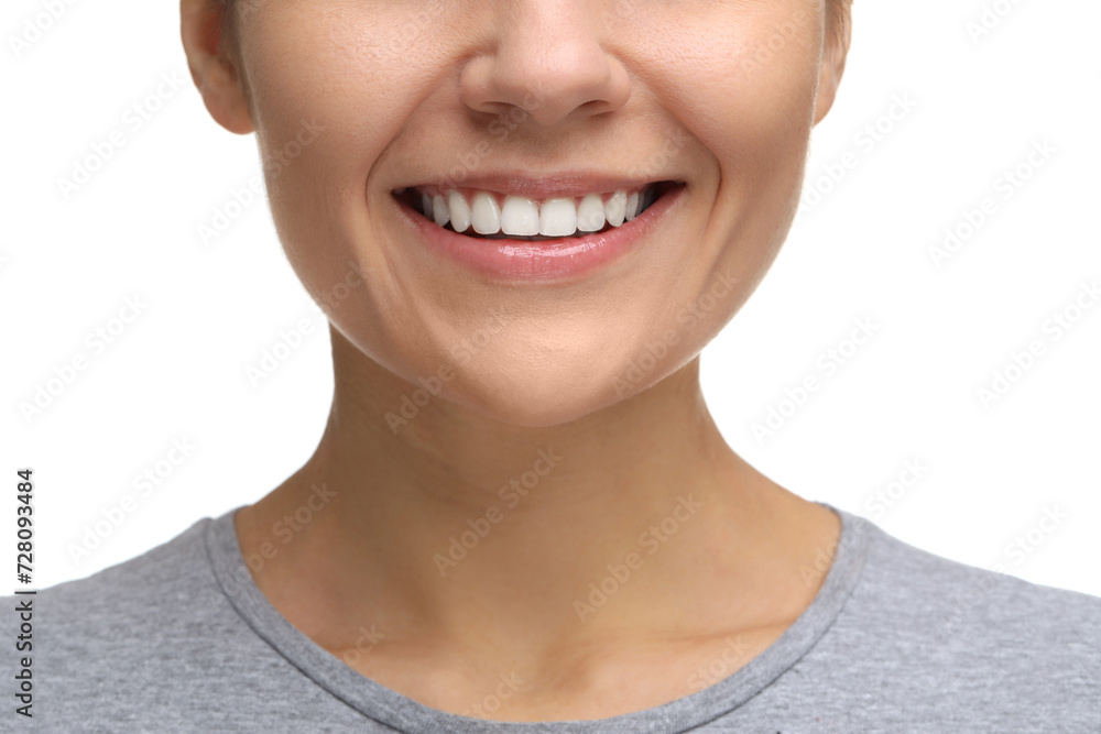 Woman with clean teeth smiling on white background, closeup Woman with clean teeth smiling on white background, closeup