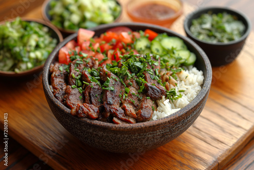 Bowl of Greek gyro with rice-fava beans-halloumi cheese-tomatoes and cucumbers.