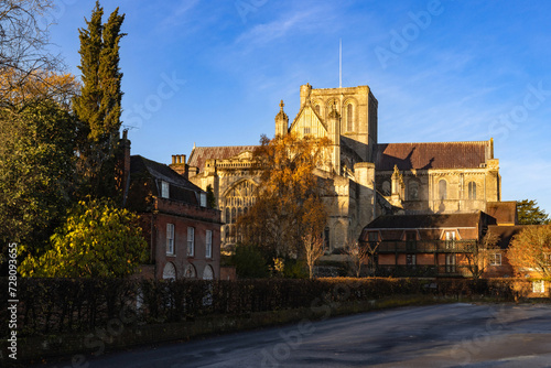 Winchester Cathedral on a bright sunny autumn during sunrise
