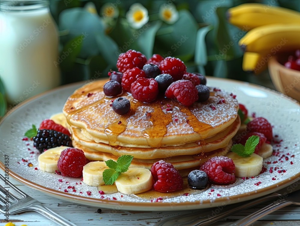 Stack of Pancakes Topped With Berries and Bananas Stack of Pancakes Topped With Berries and Bananas