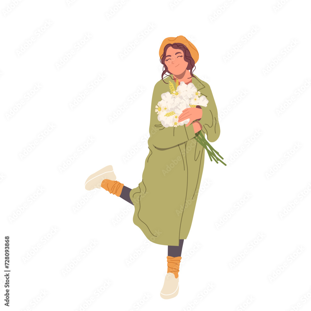Happy young romantic woman cartoon character holding flower blossoms in hands isolated on white Happy young romantic woman cartoon character holding flower blossoms in hands isolated on white