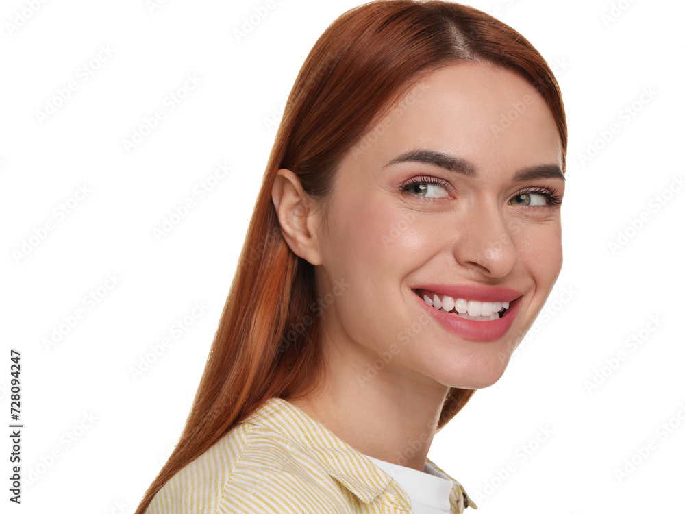 Beautiful woman with clean teeth smiling on white background Beautiful woman with clean teeth smiling on white background