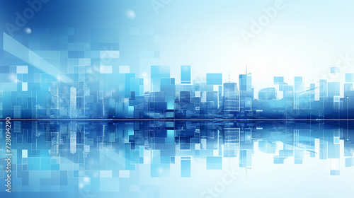 Blue-toned abstract city with reflective cubes and skyline