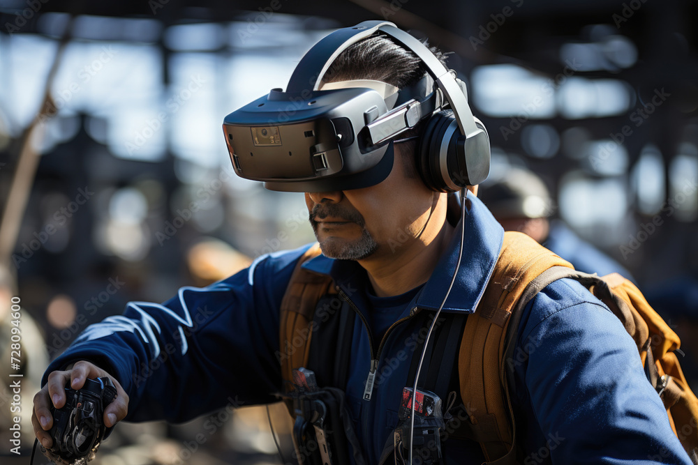 Construction worker wearing a VR headset controls construction machinery, such as a crane, using a remote control. Construction worker wearing a VR headset controls construction machinery, such as a crane, using a remote control.