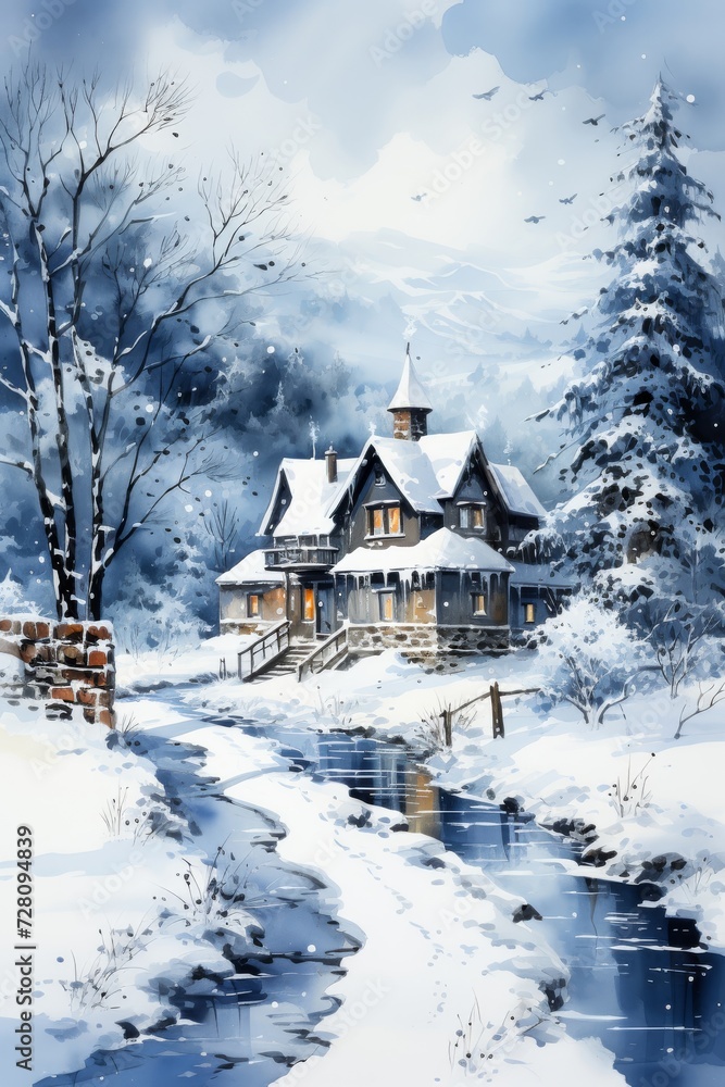 A Painting of a House in the Snow. Generative AI.