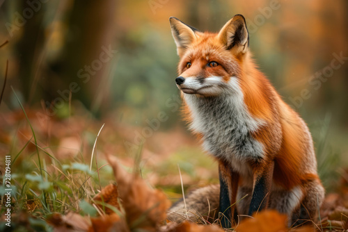 Curious red fox in the forest, a charming and curious scene capturing a red fox in a woodland setting. © Hunman