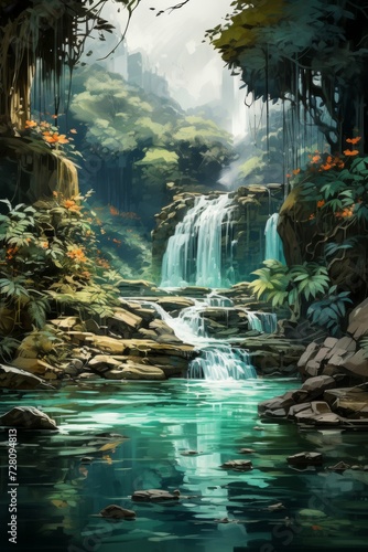 A Painting of a Waterfall in the Jungle. Generative AI.