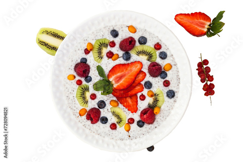 porridge with fruit  and berries isolated on a white background
