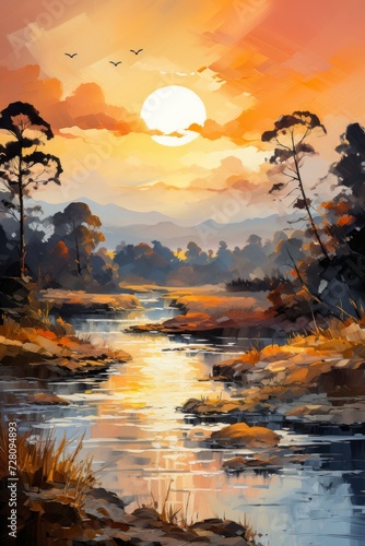 Painting of a Sunset Over a River. Generative AI.