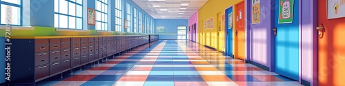 Bright colorful cartoon elementary school corridor background on sunny day with lockers along the windows wall and classroom doors