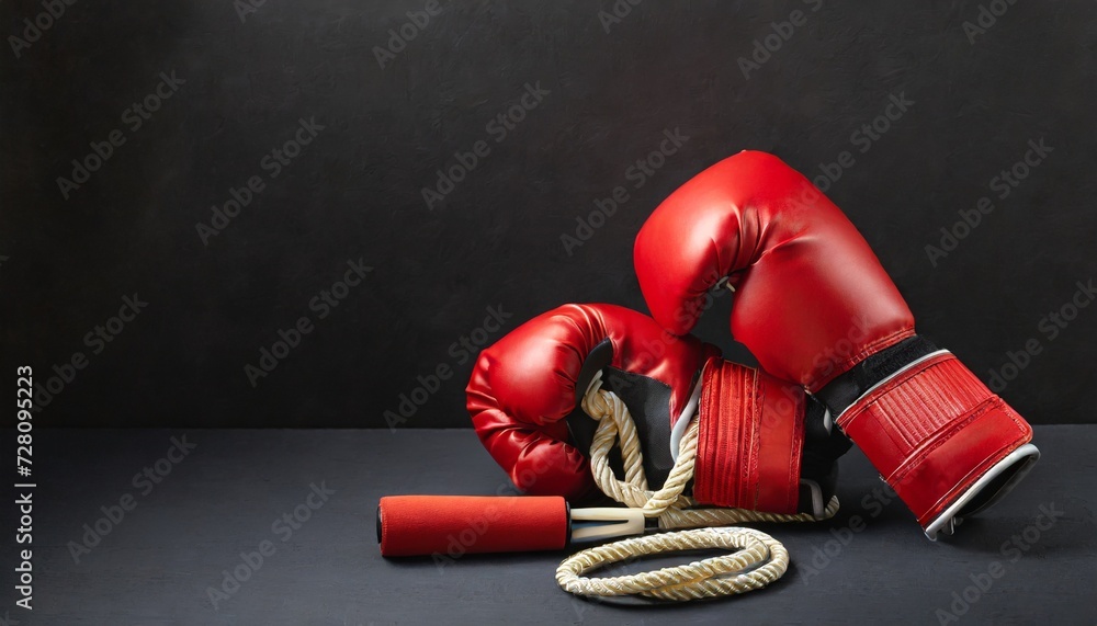 professional red boxing gloves wraps and skipping rope on black background with copy space