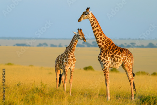 Elegant giraffes on the savannah, a serene and picturesque scene featuring a pair of giraffes grazing against the backdrop of the African savannah.