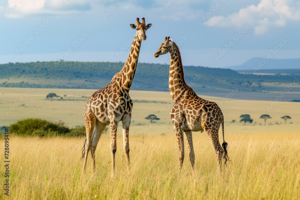 Obraz premium Elegant giraffes on the savannah, a serene and picturesque scene featuring a pair of giraffes grazing against the backdrop of the African savannah.