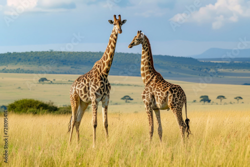 Elegant giraffes on the savannah, a serene and picturesque scene featuring a pair of giraffes grazing against the backdrop of the African savannah.