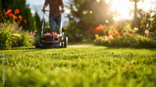 A man, gardener mowing the lawn with red lawn mower, green grass and vegetation, flowers on it with blue sky in the background, advertising shot