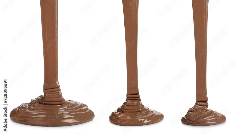 Pouring tasty melted chocolate on white background, set Pouring tasty melted chocolate on white background, set