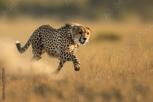 Energetic cheetah in full sprint, a dynamic and high-speed scene capturing a cheetah in full sprint across the grasslands.
