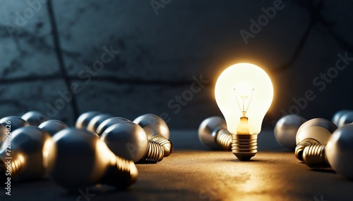 one of lightbulb glowing among shutdown light bulb in dark area with copy space for creative thinking problem solving solution and outstanding concept by 3d rendering technique