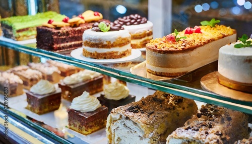 different types of delicious cakes in pastry shop showcase