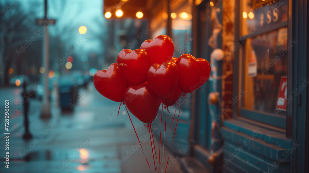 Display of heart-shaped balloons in front of charming gift card store, mood for Valentine's Day