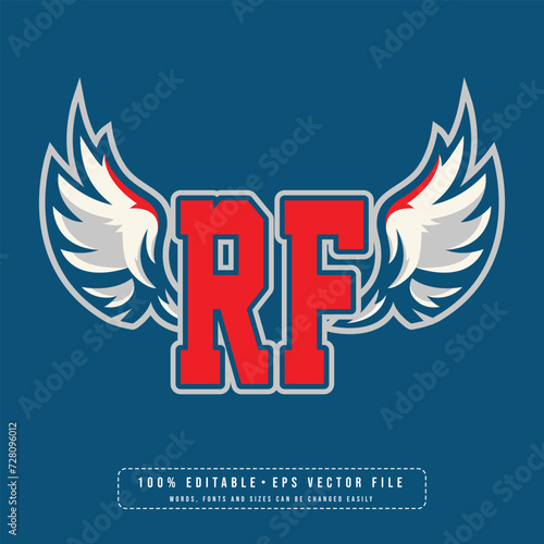 RF wings logo vector with editable text effect. Editable letter RF college t-shirt design printable text effect vector