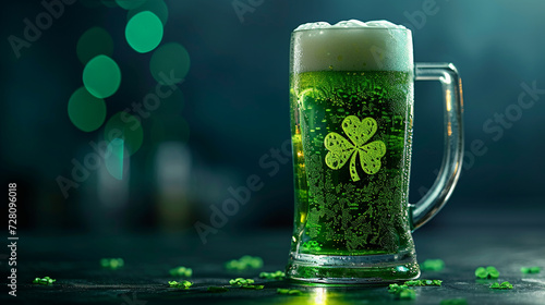 Green Beer Perfectly Poured in Glass Stain with Irish Shamrock Design on the Glass - St. Patrick's Day Drink Concept with Foam and Beverage Beading on Glass - Holiday Cocktail on Moody Background