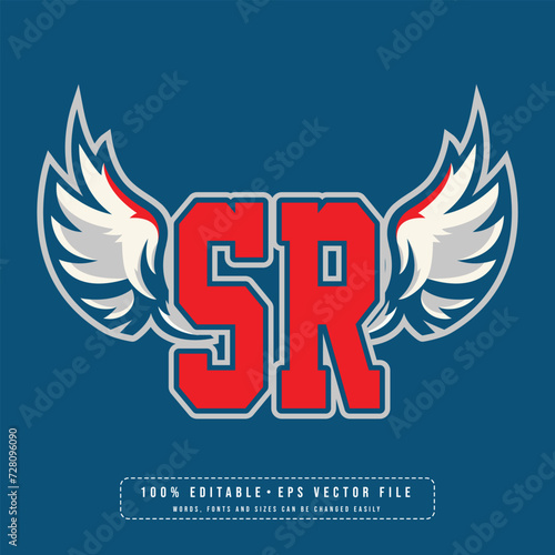 SR wings logo vector with editable text effect. Editable letter SR college t-shirt design printable text effect vector