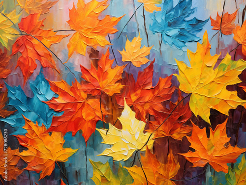  close up of colorful abstract rough textured canvas painting of autumn leaves