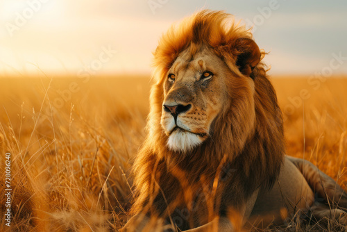 Majestic lion in the wild, a powerful and regal scene featuring a lion in its natural habitat. © Hunman