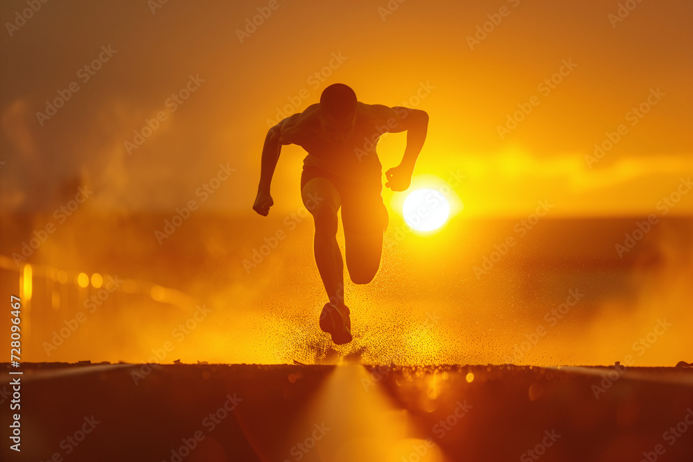 An athlete running on the track at sunset. sports concept.